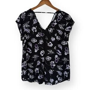 DR2 Blouse Womens Medium V Neck Cap Sleeve Floral Print Black Purple Chiffon